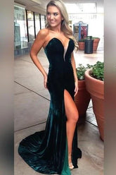 Dark Green Velvet Long Formal Prom Dress Mermaid Plunging V Neckline - MyChicDress